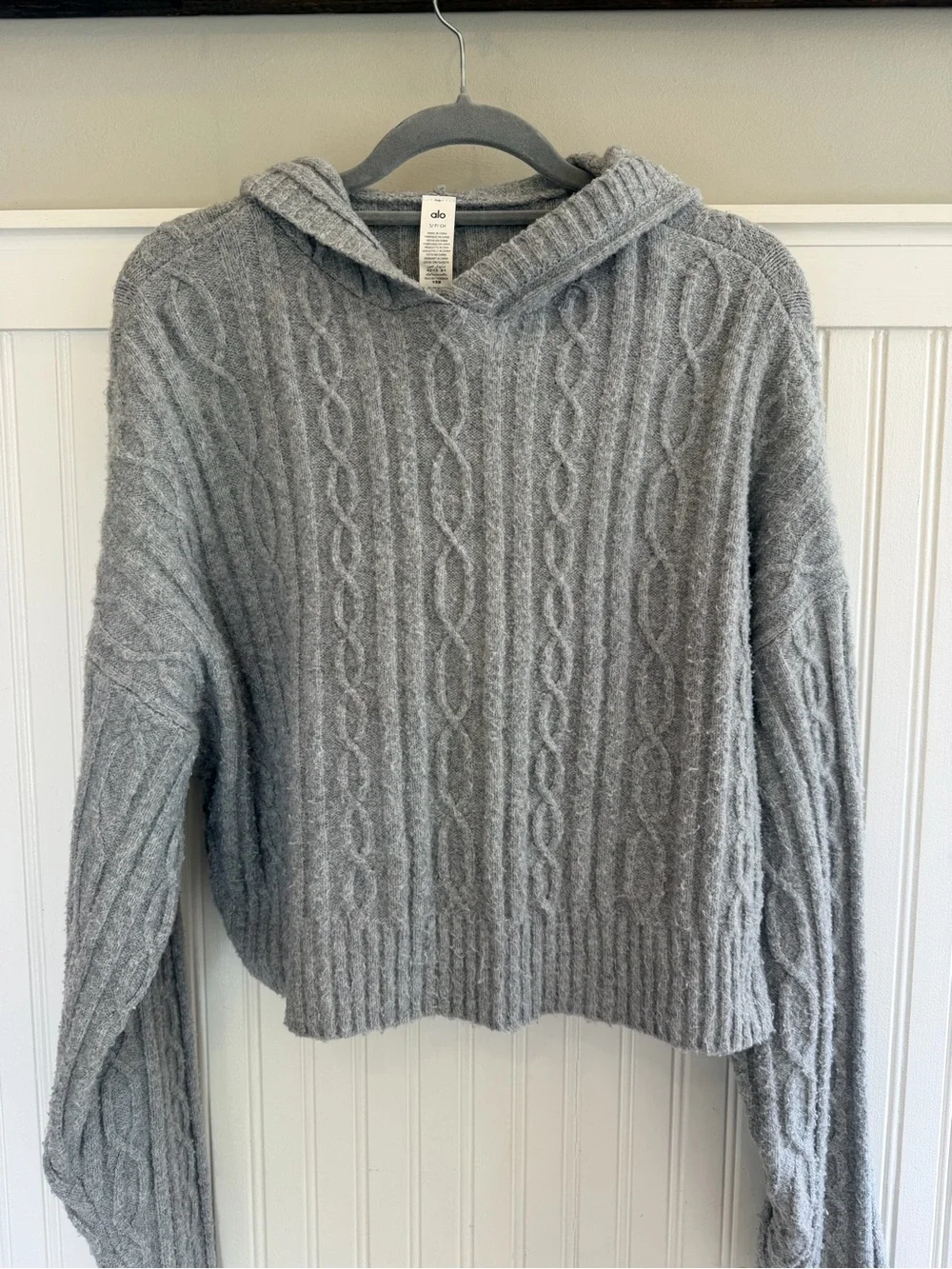 ALO Yoga Gray Cable-Knit Hooded Sweater